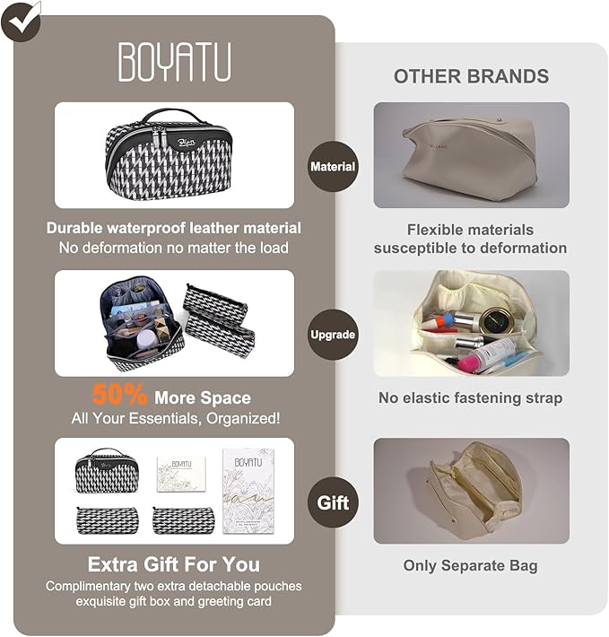 BOYATU Travel Makeup Bags for Women: Large Capacity Cosmetic Bag Set of 3 - Vegan Leather Make up Bags with Compartments - Wide Open Waterproof Toiletry Organizer Bag with Handle (B-04-Black)