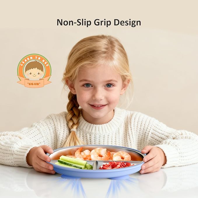 Stainless Steel Suction Plates for Toddlers, 9" Divided Kids Baby Plates with Removable Silicone Suction, Non Toxic Non Slip Portion Control Snack Dishes 3 Packs, Blue Gray Navy