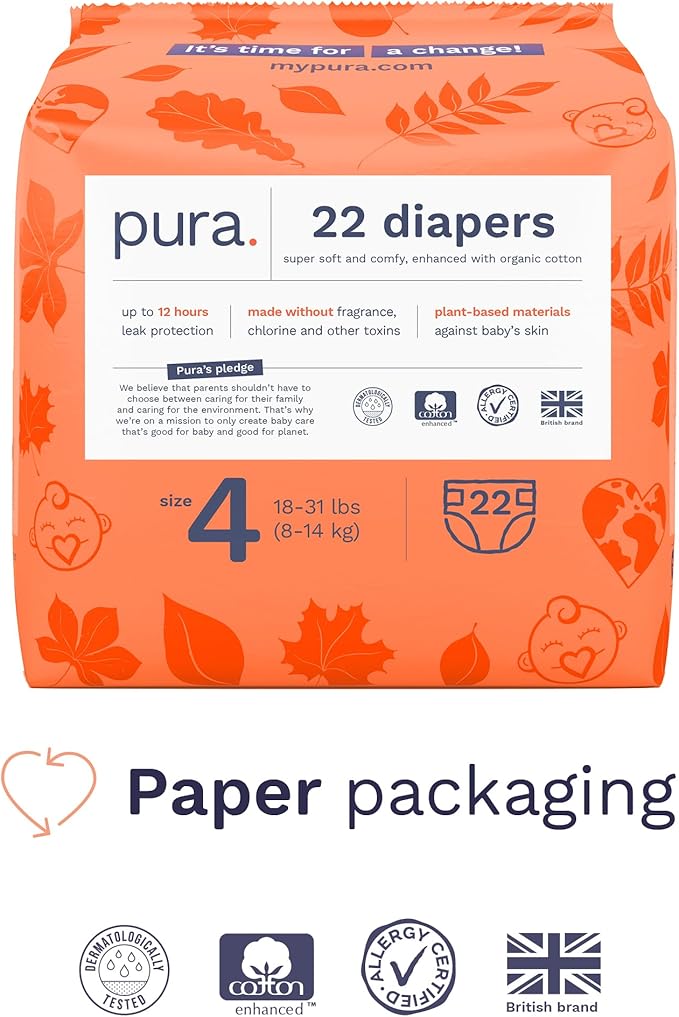 Pura Size 4 Diapers, 66 Count, Unisex, Organic Cotton, Leak-Free, Plant-Based, Dermatologically Tested, Allergy-Certified, Carbon Neutral, B-Corp