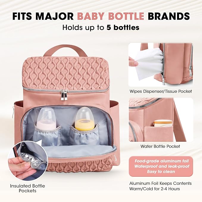 Diaper Bag Backpack, Large Baby Bag for Girl Boy, Travel Diaper Backpack with Insulated Pocket, Cute Diaper Bag Stroller Straps, Baby Shower & Registry Gift for Mom Dad Pink
