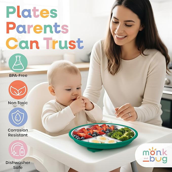 Stainless Steel Kids Plates with Suction - 9" Stainless Steel Toddler Plates with Dividers and Strong Hold Silicone Base - Feeding Dinnerware for Baby, Dishwasher Safe Suction Plate Non Toxic