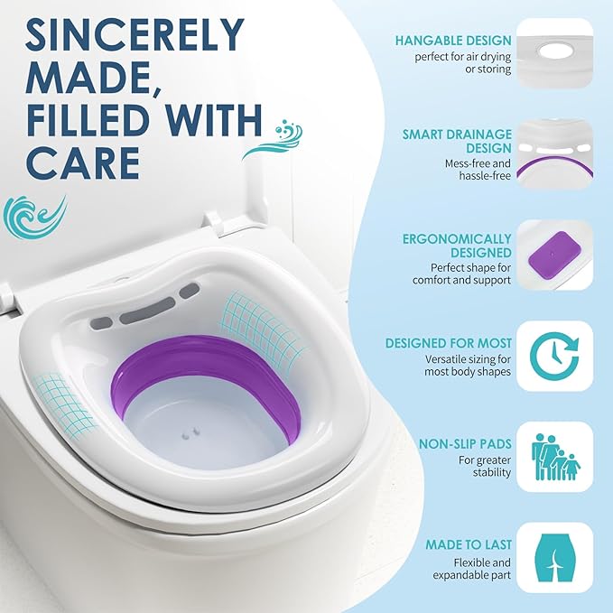 Soothic Sitz Bath for Toilet Seat, Sitz Bath for Postpartum Care and Hemorrhoids, Upgraded Collapsible Sitz Baths with Flusher, Wider Seating Area, Deeper Bowl, Drain Holes, Purple