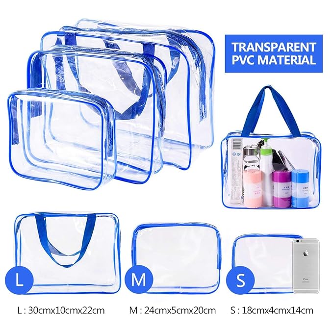 5Pcs Crystal Clear PVC Travel Toiletry Bag Kit for Women Men, Waterproof Vinyl Packing Organizer Storage Bags with Zipper Handle Straps, Cosmetic Pouch Carry on Airport Airline Compliant Bag Handbag