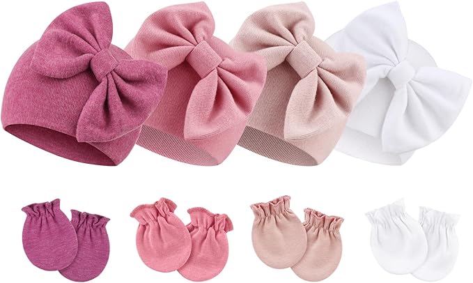 Newborn Baby Hats and Mittens Set Infant Bow Beanie Cap Toddler Gloves Newborn Hospital Hats for Baby Boy Girl 0-6 Months