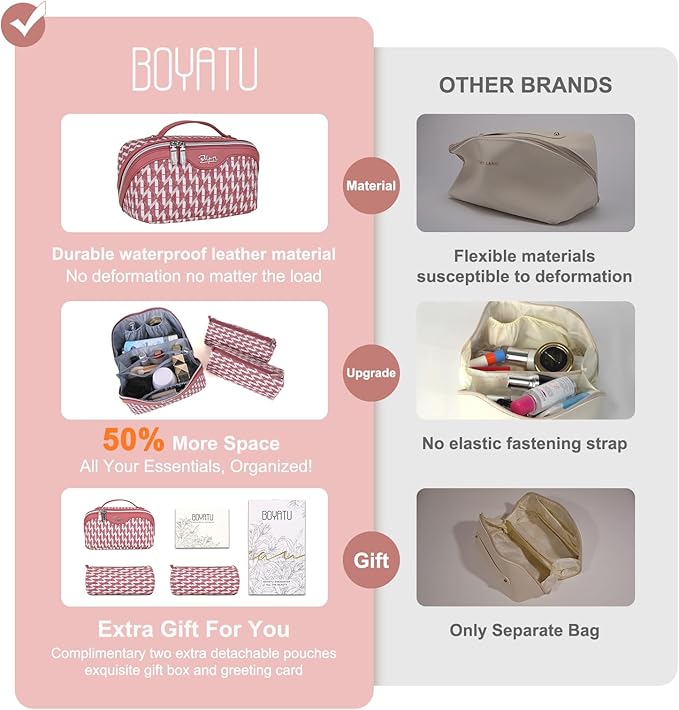 BOYATU Travel Makeup Bags for Women: Large Capacity Cosmetic Bag Set of 3 - Vegan Leather Make up Bags with Compartments - Wide Open Waterproof Toiletry Organizer Bag with Handle (B-03-Red)