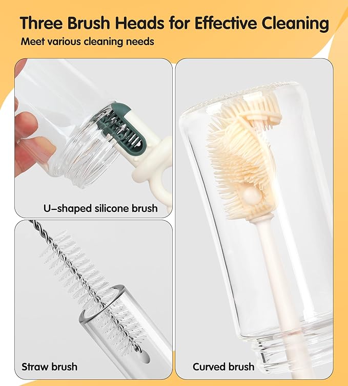 Long Handle Bottle Cleaning Brush Set, 4-in-1 Silicone Baby Bottle Cleaner Brush Kit, Multifunctional Water Bottles Washer for Travel, Baby Bottles, Breast Pump, Spout, Nipple & Straw
