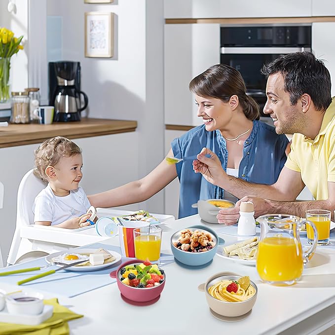 4 Pack Stainless Steel Baby Bowls with Suction, Toddler Bowls with Removable Silicone Shell for Kids, Non-Slip Toddler Baby Feeding Set Dishwasher Safe-blue/Gray/Red/Cream