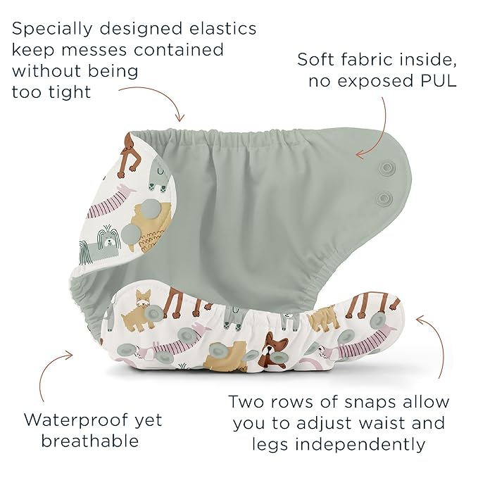 Esembly Cloth Diaper Bundle Set - 3 Organic Cotton Absorbent Inners and 1 Waterproof Outer Diaper Cover - Reusable, Washable, Snap Closure Cloth Diapers - Size 1 (7-17lbs), Off-Leash