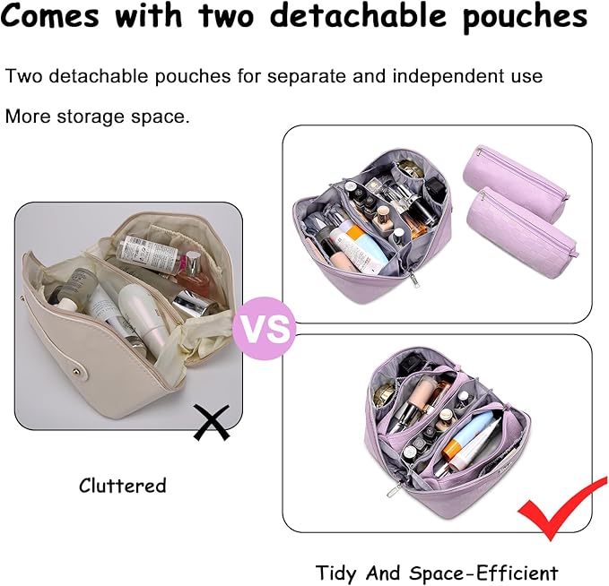 BOYATU Travel Makeup Bag Organizer Cosmetic Bag: 3 Pcs Set Make up Bags for Women with Handle - Waterproof Vegan Leather Toiletry Bags Travel Essentials Pouch with Compartments (G-14-Purple)