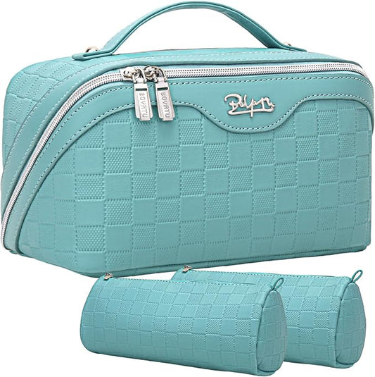 BOYATU Travel Makeup Bag Organizer Cosmetic Bag: 3 Pcs Set Make up Bags for Women with Handle - Waterproof Vegan Leather Toiletry Bags Travel Essentials Pouch with Compartments (G-11-Blue)