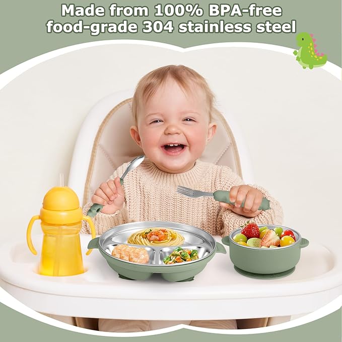 Stainless Steel Baby Plate and Bowl with Suction, Baby Bowl and Divided Kids Toddler Plate with Removable Silicone Shell, Non-Slip Toddler Baby Feeding Set, Forks + Spoons Included-Green