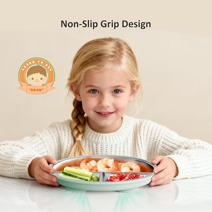 Stainless Steel Toddler Plate with Suction 2Pack, 9” Divided Kids Plates with Silicone Suction for Baby Self Feeding, Non Toxic Non Slip Unbreakable Snack Dishes Dinnerware Set, Blue & Sage