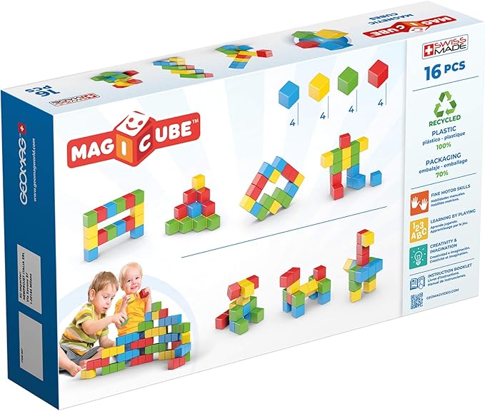 Geomag Magicube 16pcs Magnetic Blocks - Magnetic Building Blocks for Toddlers 1-3, Montessori Toys for 1+ Year Old, Autism Sensory Product, Magnets for Kids