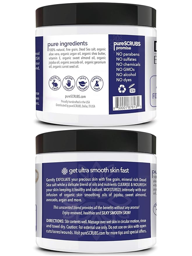 pureSCRUBS Premium Unscented Body Scrub Set - Large 16oz Dead Sea Salt Body Scrub With Infused Essential Oils & Nutrients, Includes Wooden Spoon, Loofah & Oatmeal Exfoliating Bar Soap