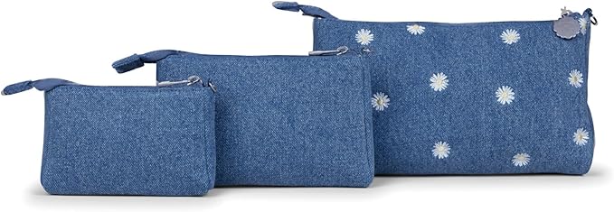 JuJuBe 3-Piece Pouch Set Diaper Bag Organizing Pouches, Perfect for Travel, On The Go, Zipper Cosmetic Makeup Bag or Diaper and Wipes Storage Pouch, Large, Medium, & Small, Denim & Daisies (Blue)