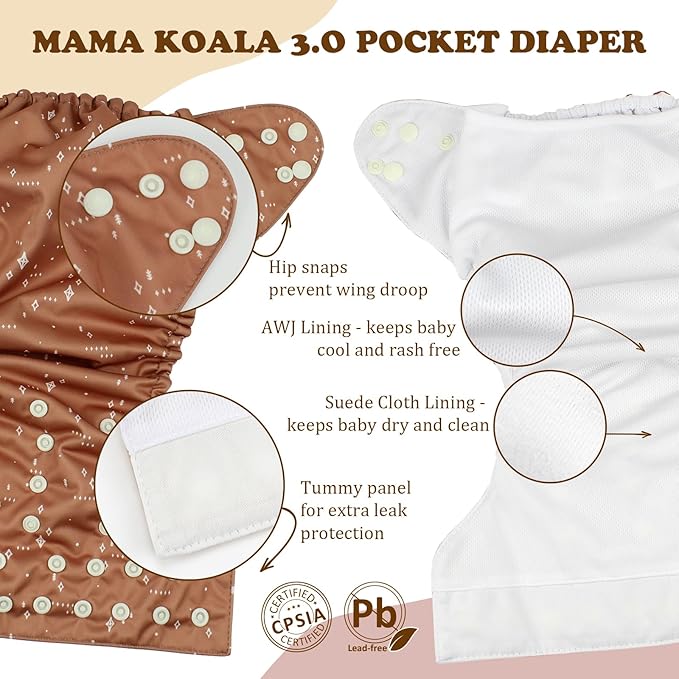 Mama Koala 3.0 Cloth Diapers for Babies with AWJ Lining, 6 Pack with 6 Natural Cloth Diaper Inserts - Reusable and Washable Pocket Diapers (Pink Love)