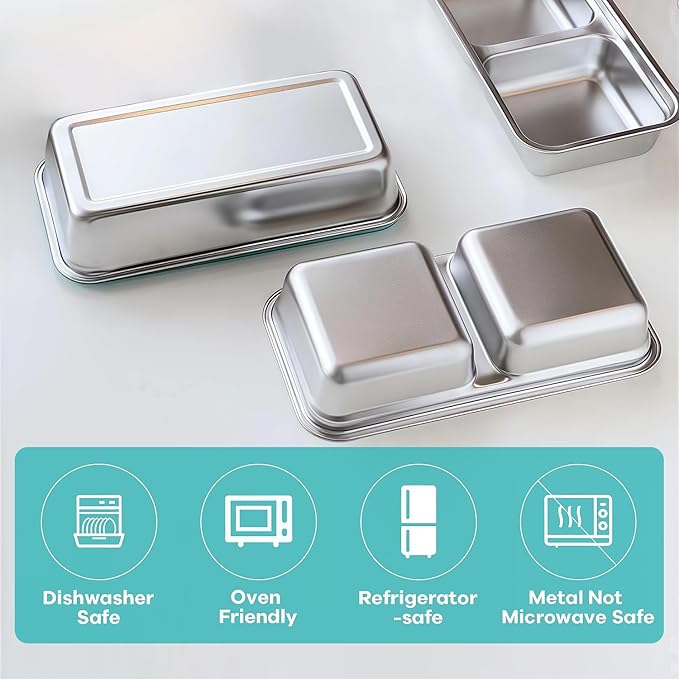 Stainless Steel Snack Containers, 6-Pack Reusable Grab and Go Containers with Leakproof Lids, Dual Compartment Bento Box for Travel, Camping & Lunch Prep