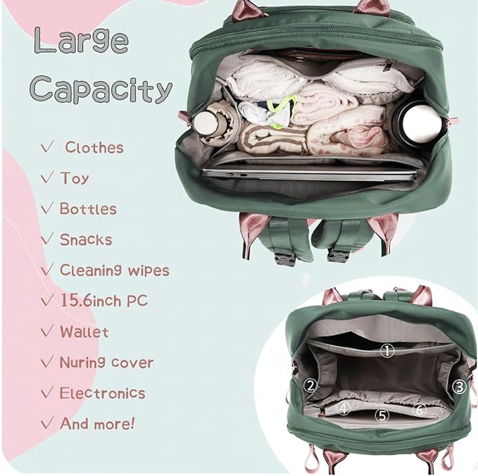 18 Pockets Large Diaper Bag Backpack with Waterproof Pockets and Stroller Buckle, Convertible Baby Bag (XL Green, Extra Large)