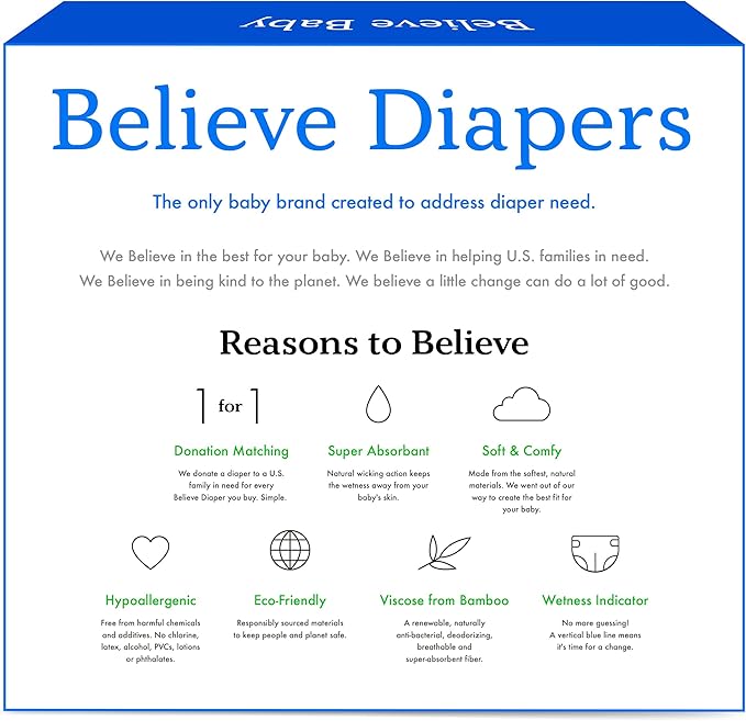 Believe Diapers Size 3 (16-28 Lbs) Viscose Bamboo Diapers 42 Count – Natural Baby Diaper, Chemical Free and Fragrance Free Natural Diaper for Sensitive Skin, Super Absorbent with Leak Protection