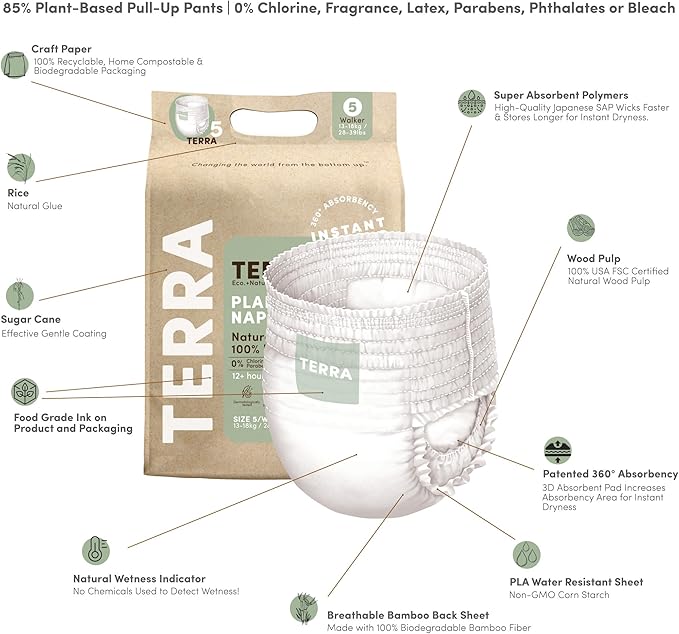 Terra Size 5 Training Pants– 85% Plant Based Pull-Up Style Diapers, Ultra-Soft & Chemical-Free for Sensitive Skin, Superior Absorbency, Perfect Overnight Diapers, for Toddlers 28-39 Pounds, 112 Count