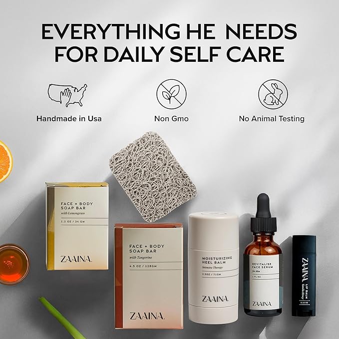 ZAAINA Men’s Self Care Kit – Luxury Spa Gift Set for Men with Face Serum, Soaps, Heel Balm & Lip Balm – Natural Grooming Care Package for Men – Birthday & Relaxation Spa Kit (Deluxe Set)