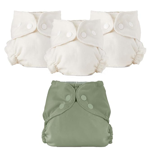 Esembly Cloth Diaper Bundle Set - 3 Organic Cotton Absorbent Inners and 1 Waterproof Outer Diaper Cover - Reusable, Washable, Snap Closure Cloth Diapers - Size 1 (7-17lbs), Aloe