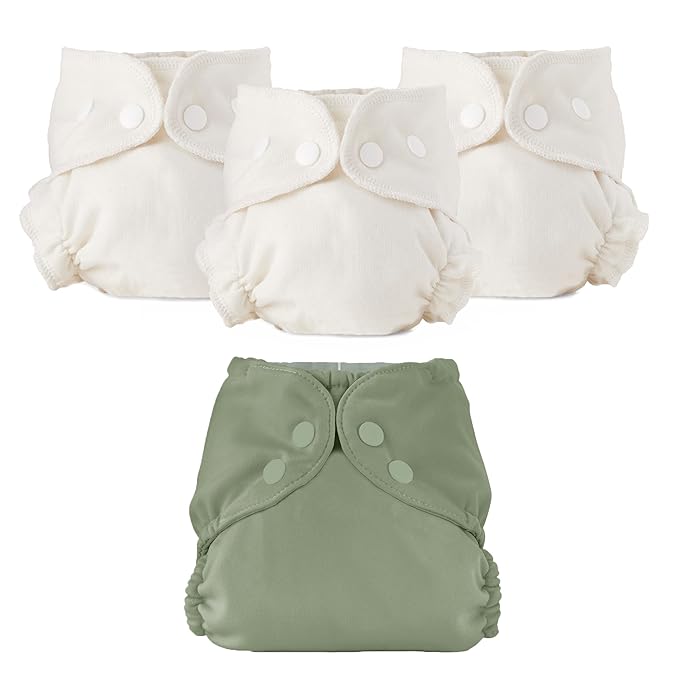 Esembly Cloth Diaper Bundle Set - 3 Organic Cotton Absorbent Inners and 1 Waterproof Outer Diaper Cover - Reusable, Washable, Snap Closure Cloth Diapers - Size 2 (18-35lbs), Aloe