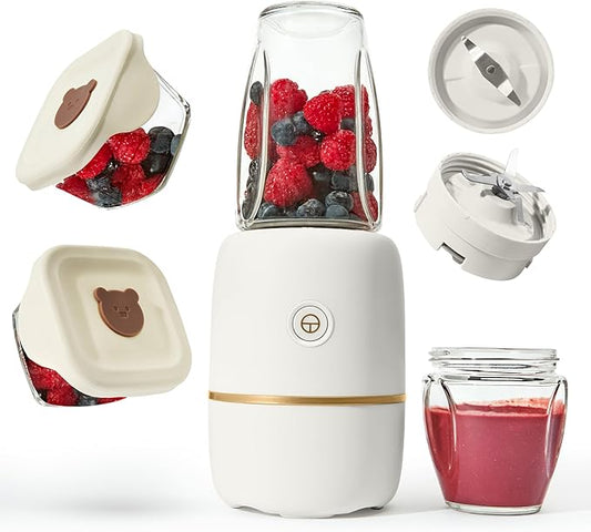 Bubble Blender, Baby Food Maker & Puree Blender with 2 Borosilicate Glass Cups, Compact Baby Bullet for Smoothies, Hands-Free One-Touch, 200W Motor, Cream