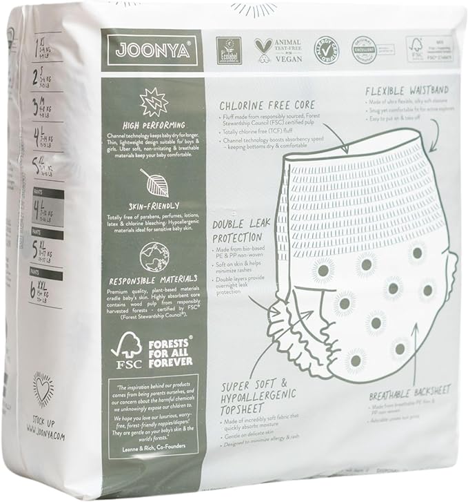 Joonya Pull-Up Pants Baby Diapers, Size 5 XL (24-37 lb) - 6 Bags of 23 (138) - NonToxic, Eco-Friendly, Ultra Slim, Overnight Use - Made in Denmark