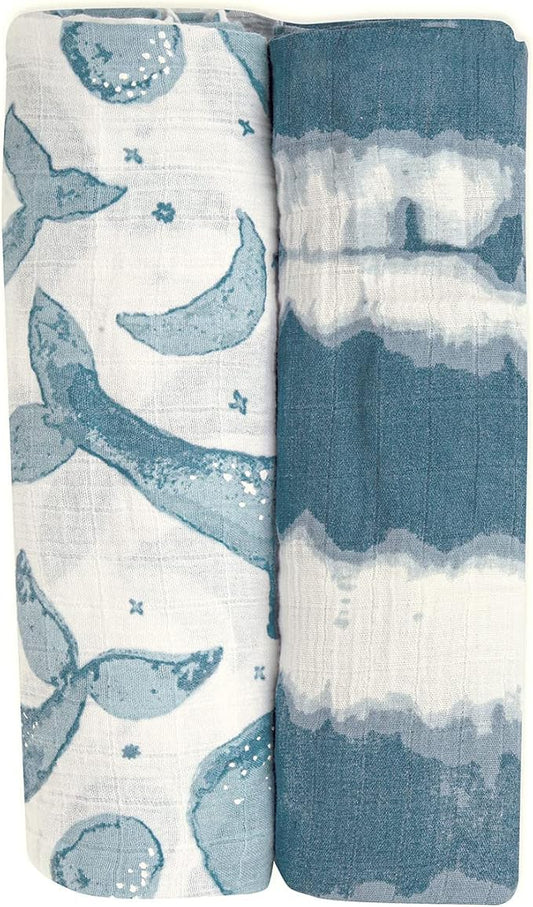Crane Baby 100% Cotton Muslin Swaddle Blanket, Caspian Ocean - Set of 2, 47" x 47" - Swaddles for Newborns & Babies