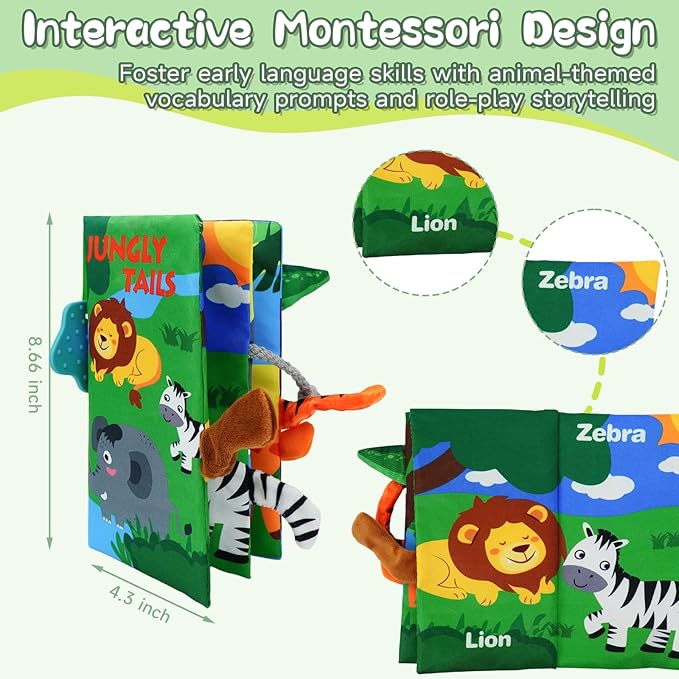 Baby Books Toys 0-12 Months with Teether,Tummy Time Crinkle Sensory Toys,High Contrast Touch & Feel Soft Book, Early Learning Infant Toys,Shower Gift for Boys Girls (Jungle Animal)