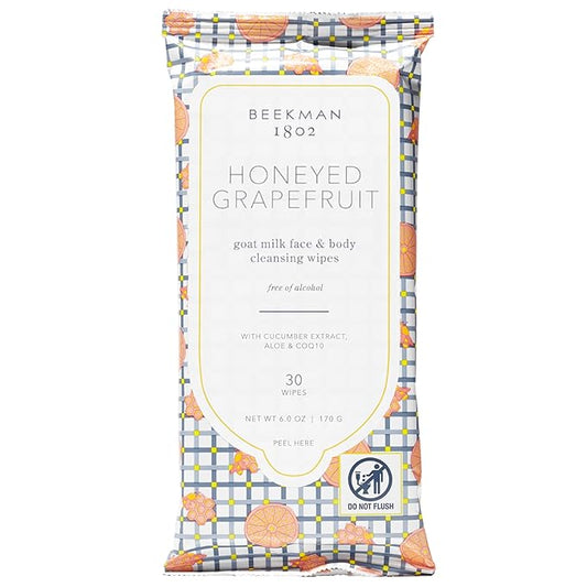 Beekman 1802 Face & Body Wipes, Honeyed Grapefruit - Scented - 30 Count - Cleanses - With Goat Milk, Aloe & Vitamin E - Alcohol Free, Biodegradable - Packaging May Vary
