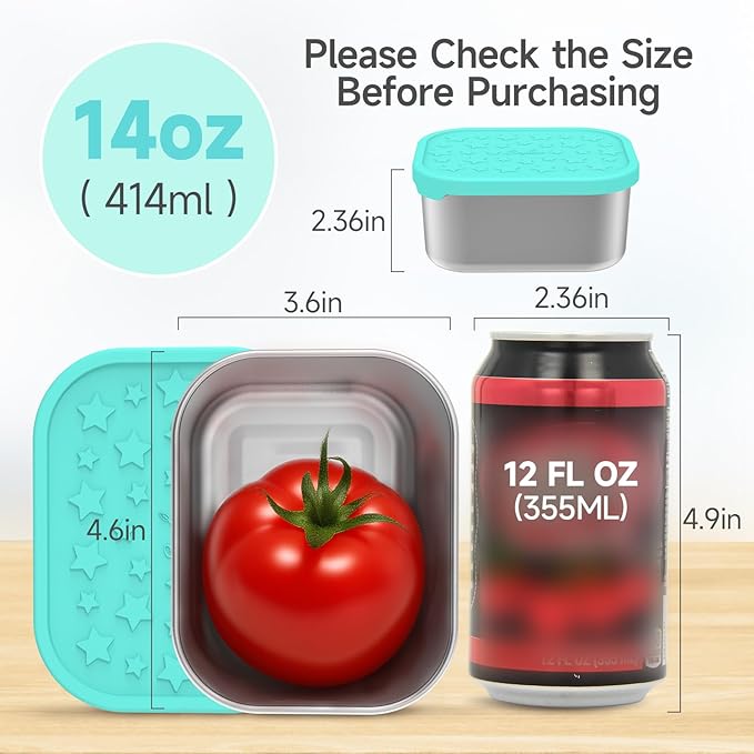 SOPHICO Stainless Steel 14 OZ Snack Containers for Kids，Food Storage Container with Silicone Lid - Perfect 304 Metal Toddler Lunch Box for Daycare and School, Leak Proof (MIX, 4 PACK)
