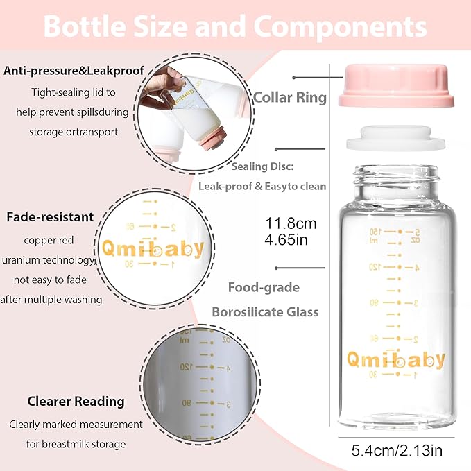 Natural Glass Baby Bottle 150ml 5oz Standard Neck Breast Milk Storage Bottles Compatible with Medela Breast Pumps for Breastmilk Storage Bottle Breastfeeding BPA-Free 4 Pack (Pink Lids)