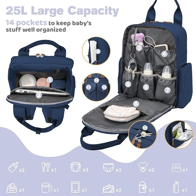 Diaper Bag Backpack - Large Diaper Bag with Portable Changing Pad as Baby Shower Gifts, Lightweight Waterproof Unisex Travel Baby Bag with 4 Insulated Pockets and Stroller Buckles, Dark Blue