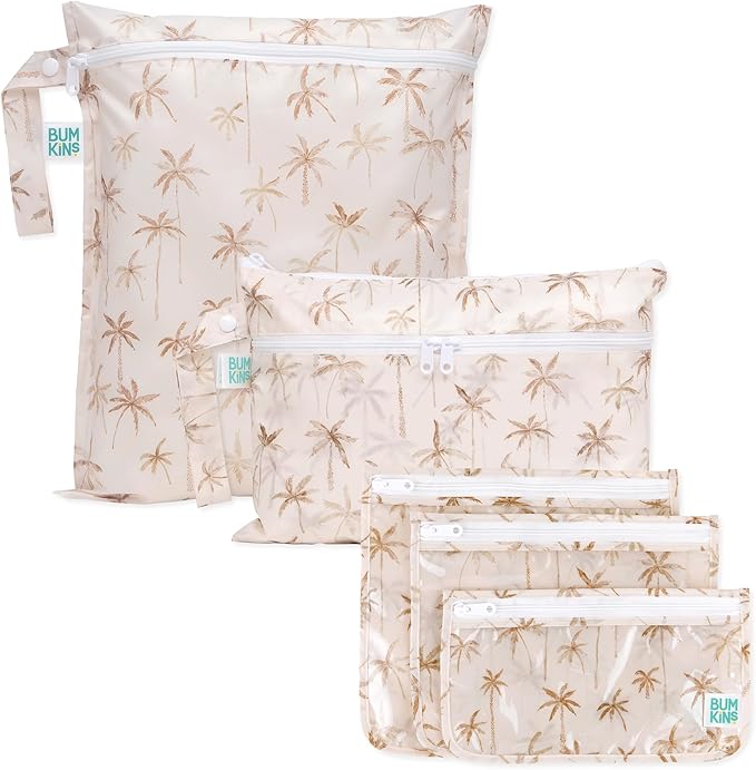 Bumkins - Waterproof Wet Bag, Wet/Dry Clutch & Clear Travel Bags - For Beach, Baby, Travel, Cloth Diapers, Pump Parts, Pool, Gym, Toiletries - Reusable & Easy to Clean - Palm Trees - 5 Pack