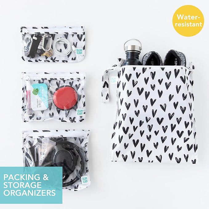 Bumkins - Waterproof Wet Bag & Clear Travel Bags - For Beach, Baby, Travel, Swim Suit, Cloth Diapers, Pump Parts, Pool, Gym, Toiletries - Reusable & Easy to Clean - Black Hearts - 4 Pack