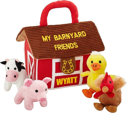 Let's Make Memories Personalized Barnyard Friends Plush Playset – 4 Soft & Squeaky Animals – Kids Travel Toy – Customize with Name – 7”L x 5”W x 6”H