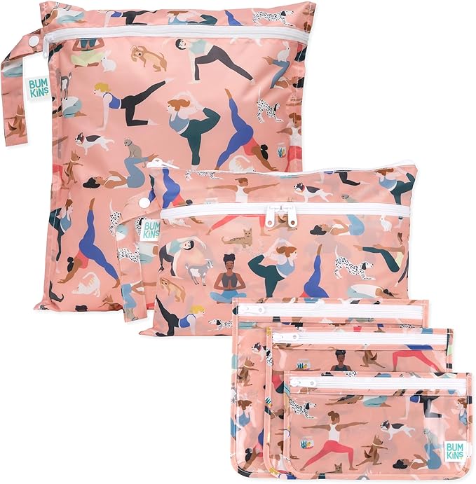 Bumkins - Waterproof Wet Bag, Wet/Dry Clutch & Clear Travel Bags - For Beach, Baby, Travel, Cloth Diapers, Pump Parts, Pool, Gym, Toiletries - Reusable & Easy to Clean - Yoga Pals - 5 Pack
