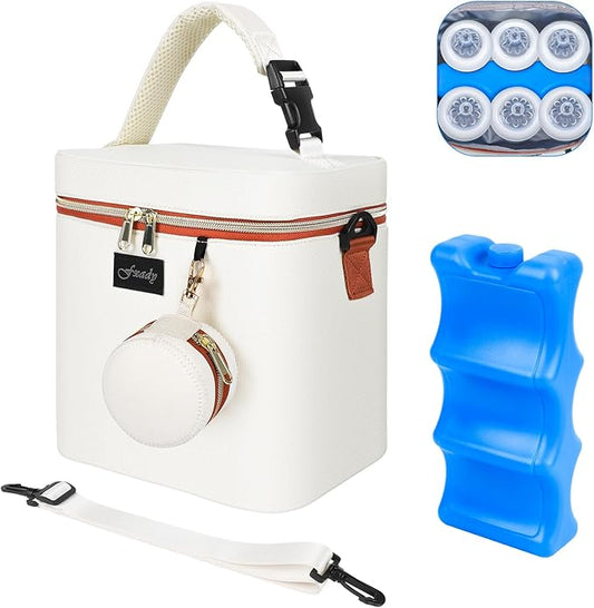 Breastmilk Cooler Bag with Ice Pack, Insulated Baby Bottle Tote Bag for 6 Bottles Up to 9 oz, Clip-On Pouch for Baby Essentials, Leakproof, Waterproof, Shoulder Strap for Nursing Moms