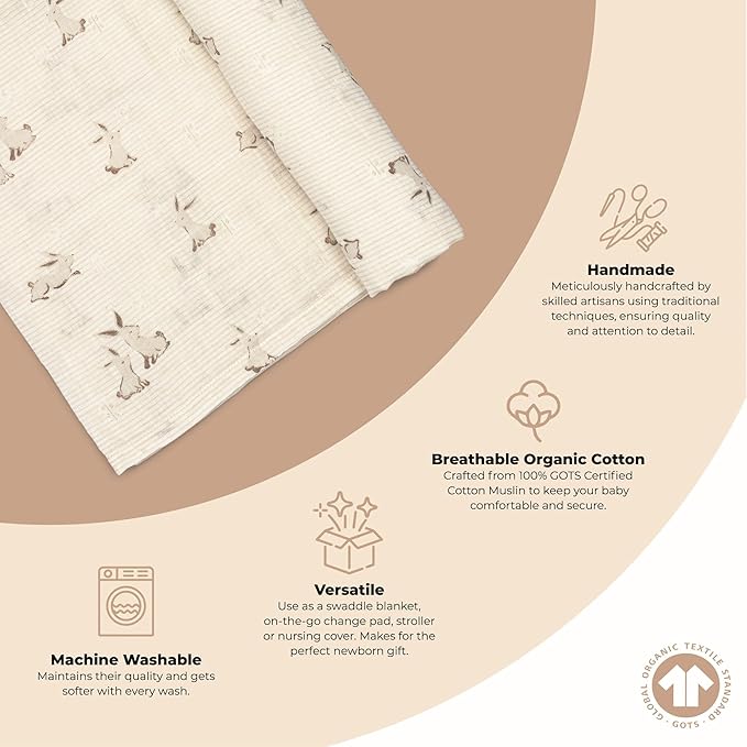 Crane Baby 100% Organic Cotton Bunny Single Baby Swaddle Wrap for Boys and Girls, Gender Neutral Newborn Swaddling Blanket, Baby Registry and Gift, 47 x 47 inches