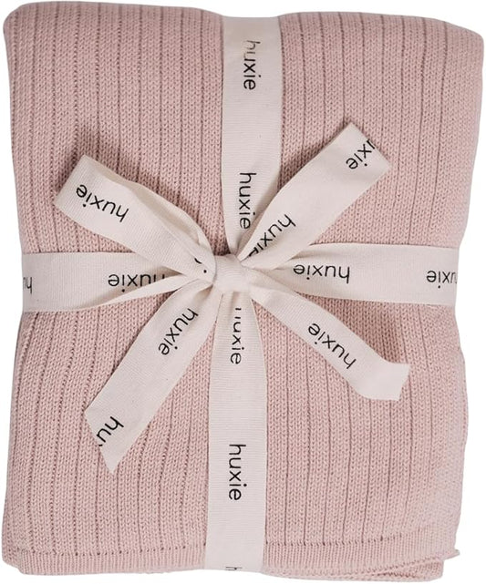 Knitted Organic Cotton Baby Blanket- Swaddle Blanket, 30" x 40" Soft Receiving Blanket for Newborn (Ribbed-Blush)