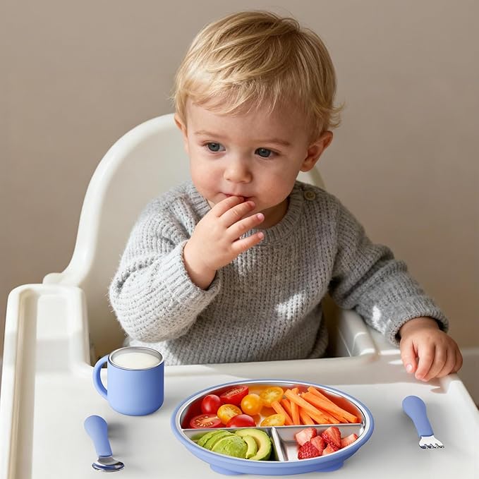Stainless Steel Toddler Plate with Suction, 8” Divided Plates with Removable Silicone Sleeves for Baby, Non Toxic Unbreakable Kids Snack Dishes Set of 4, Sage Blue Gray Navy