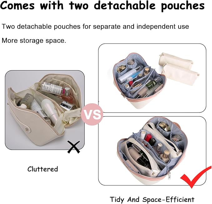 BOYATU Travel Makeup Bag Organizer Cosmetic Bag: 3 Pcs Set Make up Bags for Women with Handle - Waterproof Vegan Leather Toiletry Bags Travel Essentials Pouch with Compartments (D-02-White)