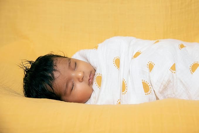 Sticky Toffee Muslin Swaddle Baby Blanket, Yellow Suns, 47 x 47 in, Soft Breathable Oeko-Tex Cotton Newborn Wrap and Receiving Blanket