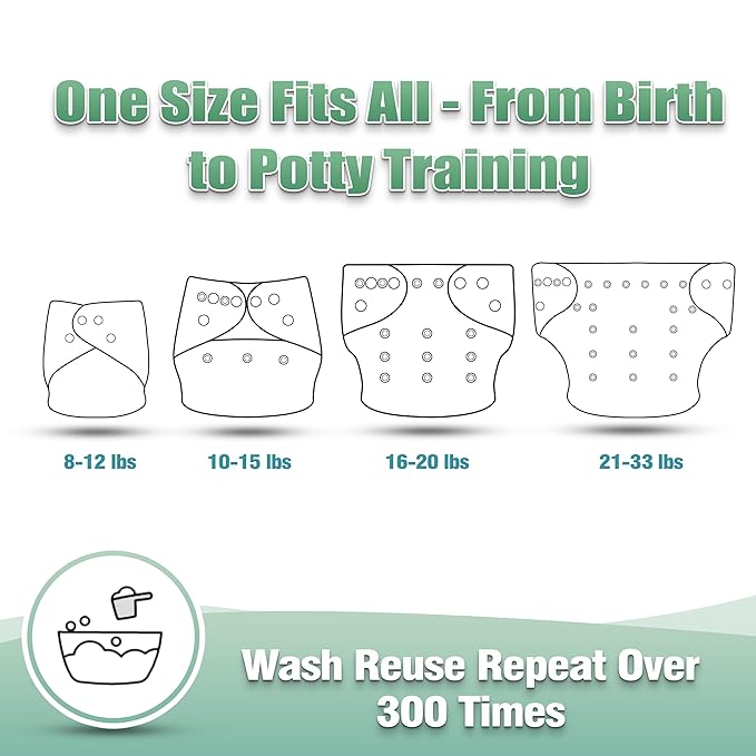 wegreeco Cloth Diapers 6 Pack with 6 Inserts & 1 Wet Bag, Washable Cloth Diapers for Babies, One Size Adjustable Reusable (Green)