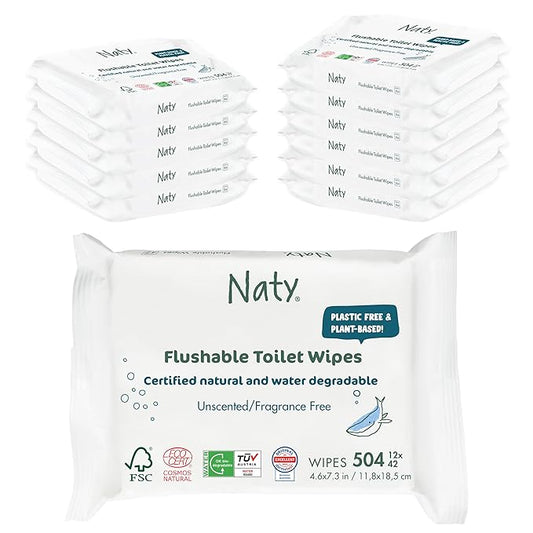 Naty Flushable Toddler & Baby Wet Wipes | Plant-Based, Water-Based for Sensitive Skin | Natural & Unscented Potty Training Wipes | Water-Degradable, Plastic-Free, Fragrance-Free | 504 Count (12 Packs)