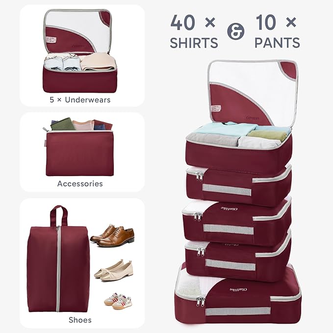 ALL INCLUDED 10 Set Sturdy Packing Cubes for Suitcases,OlarHike Travel Essentials,UPGRADED Anti-Tear Stitching, NEW Improved Luggage Packing Organizers for Travel Accessories (Burgundy)