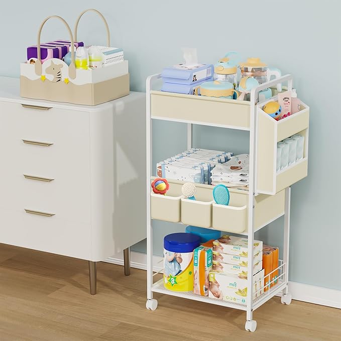 3-Tier Rolling Diaper Caddy Organizer with Dividers & Wheels, Large Capacity Detachable Mobile Storage Diaper Cart for Nursery, Bedroom, Changing Table, Crib, Baby Essentials
