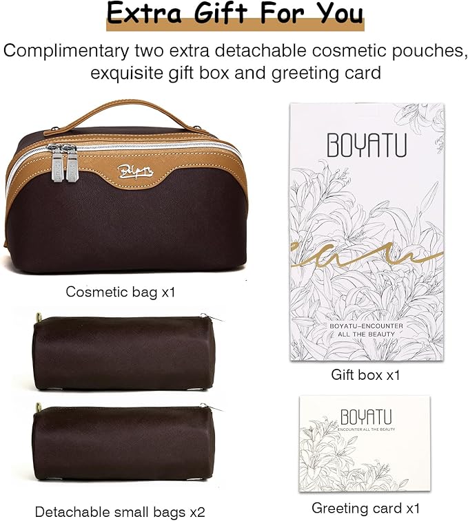 BOYATU Travel Makeup Bag Organizer Cosmetic Bag: 3 Pcs Set Make up Bags for Women with Handle - Waterproof Vegan Leather Toiletry Bags Travel Essentials Pouch with Compartments (D-01-Brown)